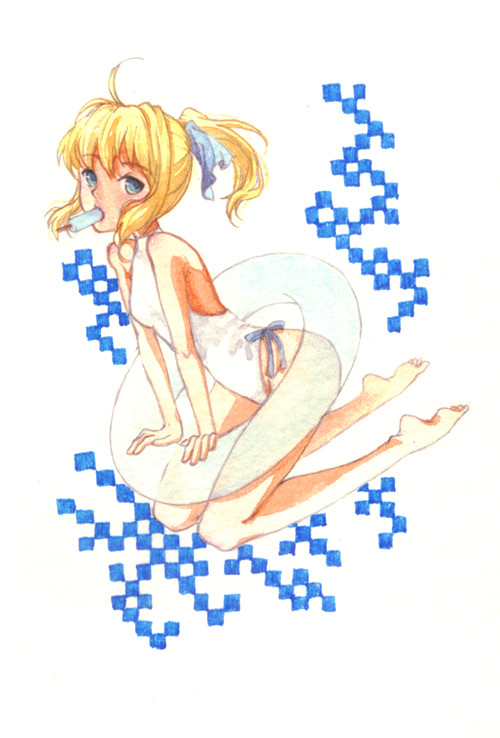 ahoge artoria_pendragon_(all) blonde_hair blue_eyes bow fate/stay_night fate_(series) food hair_bow hikaru-che innertube mouth_hold one-piece_swimsuit ponytail popsicle saber solo swimsuit traditional_media watercolor_(medium)