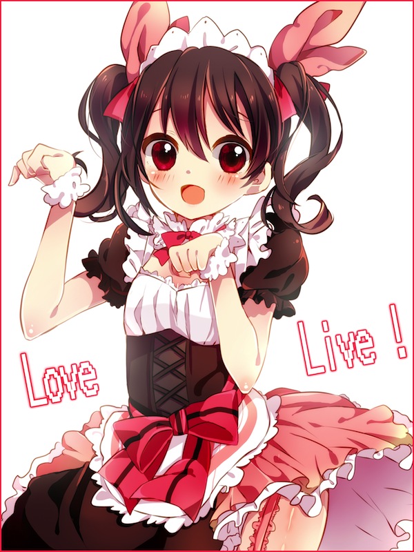 :d bad_id bad_pixiv_id black_hair border bow copyright_name english hair_bow looking_at_viewer love_live! love_live!_school_idol_project maid mogyutto_"love"_de_sekkin_chuu! open_mouth paw_pose red_border red_eyes rinndouk short_hair skirt smile solo twintails yazawa_nico