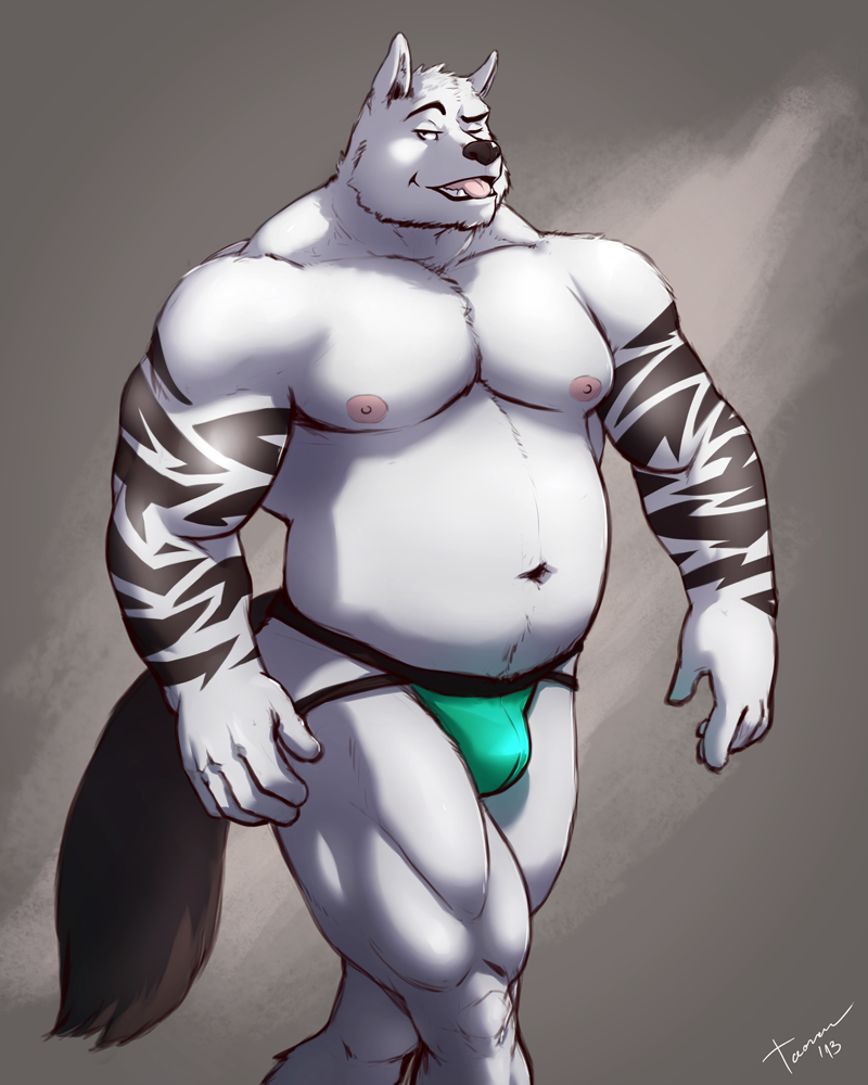 2013 biceps bulge canine looking_at_viewer male musclegut one_eye_closed open_mouth skimpy solo stripes taoren topless underwear wolf