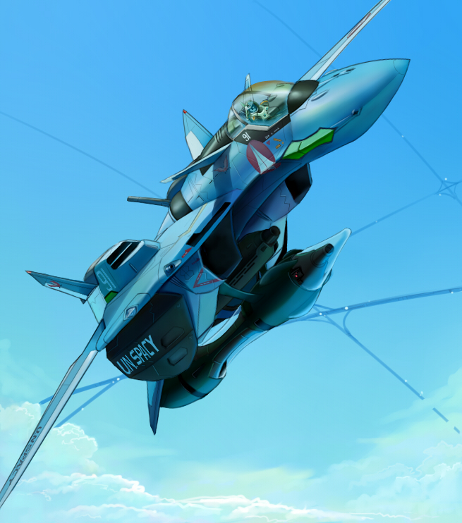 aircraft airplane armor canards cloud cockpit day dome flying gunpod helmet inui_(jt1116) island_1 island_7 jet macross macross_vf-x macross_vf-x2 mecha pilot realistic science_fiction sky space_craft spacesuit u.n._spacy variable_fighter vest vf-19