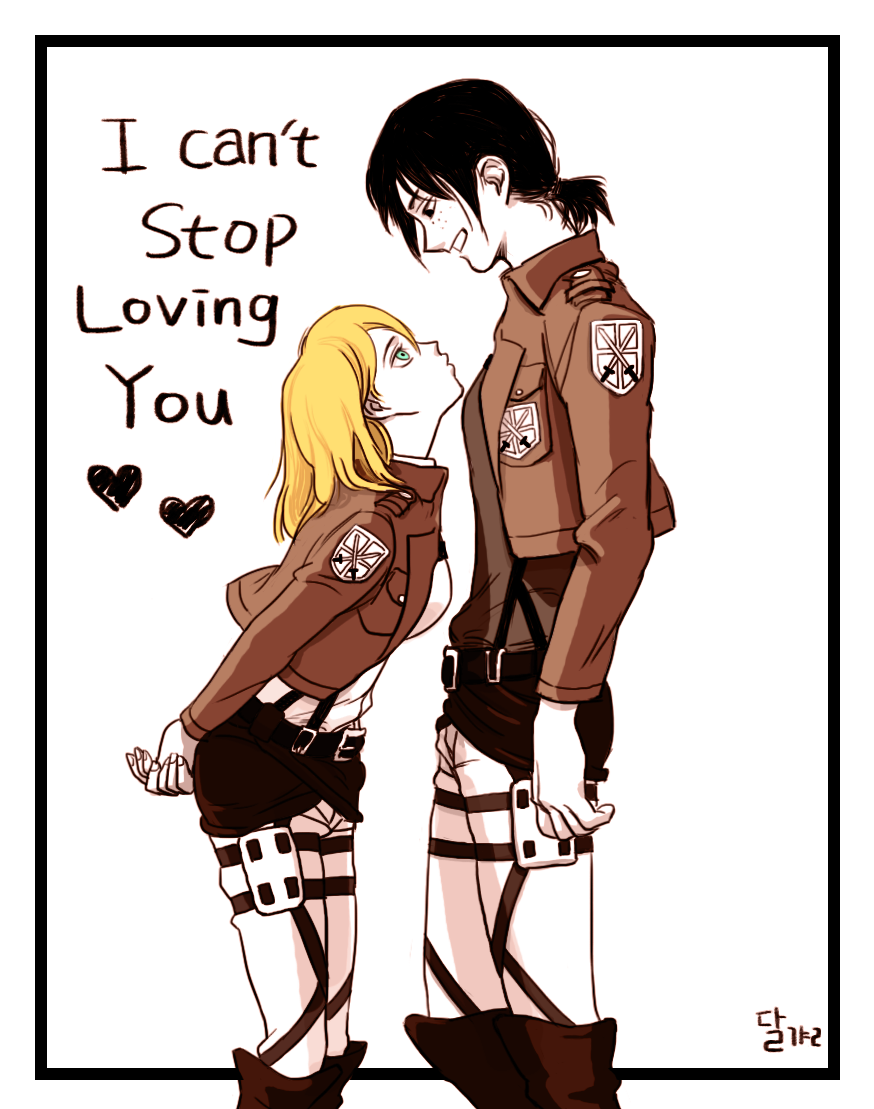 bad_id bad_pixiv_id black_hair blonde_hair boots border christa_renz cropped_jacket dddbcat emblem english eye_contact freckles green_eyes harness height_difference knee_boots looking_at_another multiple_girls pants paradis_military_uniform shingeki_no_kyojin short_hair short_ponytail training_corps_(emblem) uniform ymir_(shingeki_no_kyojin) yuri