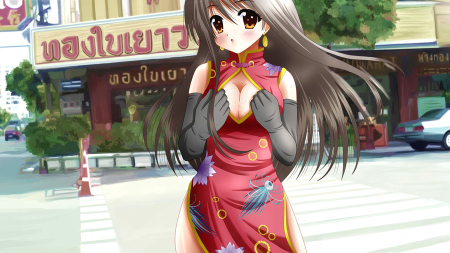 black_hair blush breasts china_dress chinese_clothes cleavage dress yellow_eyes