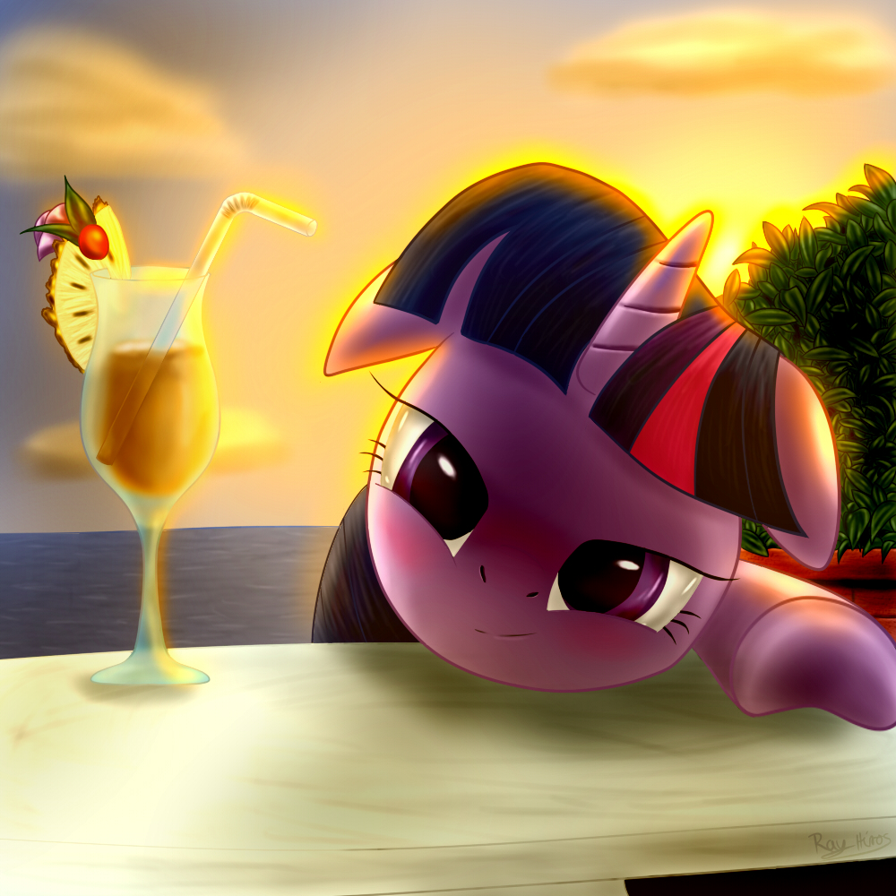 blush equine female feral friendship_is_magic fur glass hair horn horse looking_at_viewer mammal multi-colored_hair my_little_pony outside pony purple_eyes purple_fur purple_hair rayhiros smile solo straw table twilight_sparkle_(mlp) unicorn