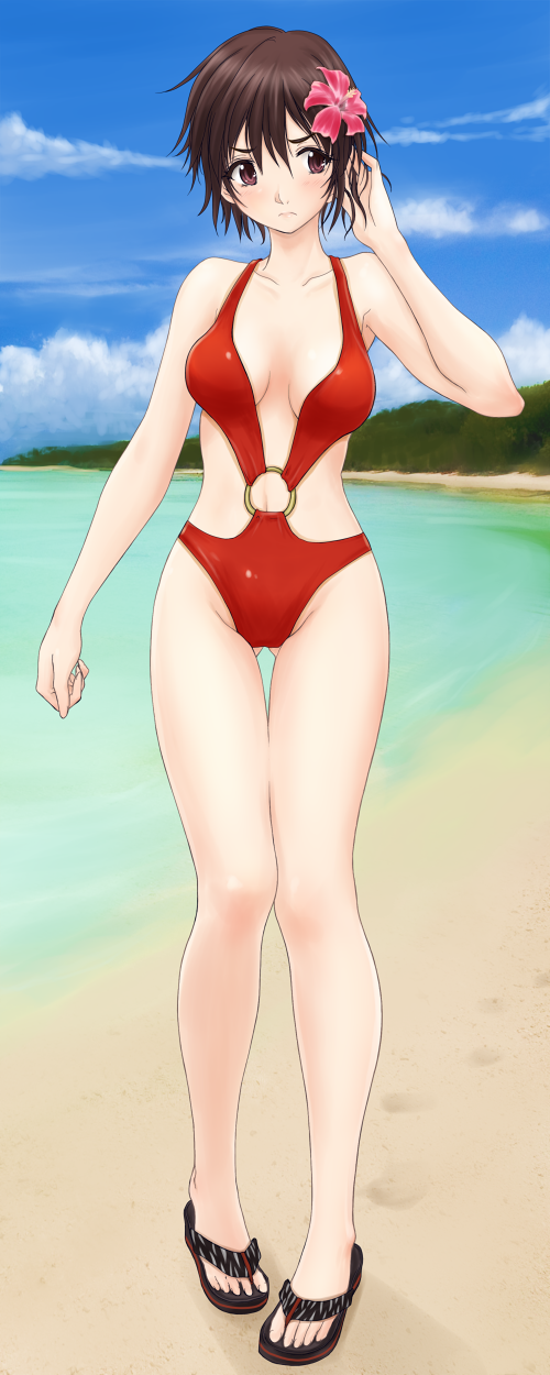 :&lt; arm_up artist_request ass_visible_through_thighs beach blush brown_eyes brown_hair cloud day flower frown full_body hair_flower hair_ornament hand_in_hair hibiscus highres legs looking_to_the_side o-ring o-ring_swimsuit ocean original outdoors red_swimsuit sandals short_hair sky solo swimsuit thigh_gap water
