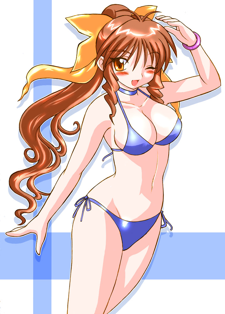 ;d bikini blue_bikini blush bow bracelet breasts brown_hair cleavage gomamiso_(gomamiso_sp) hair_bow jewelry large_breasts long_hair looking_at_viewer one_eye_closed open_mouth orange_eyes original smile solo swimsuit very_long_hair