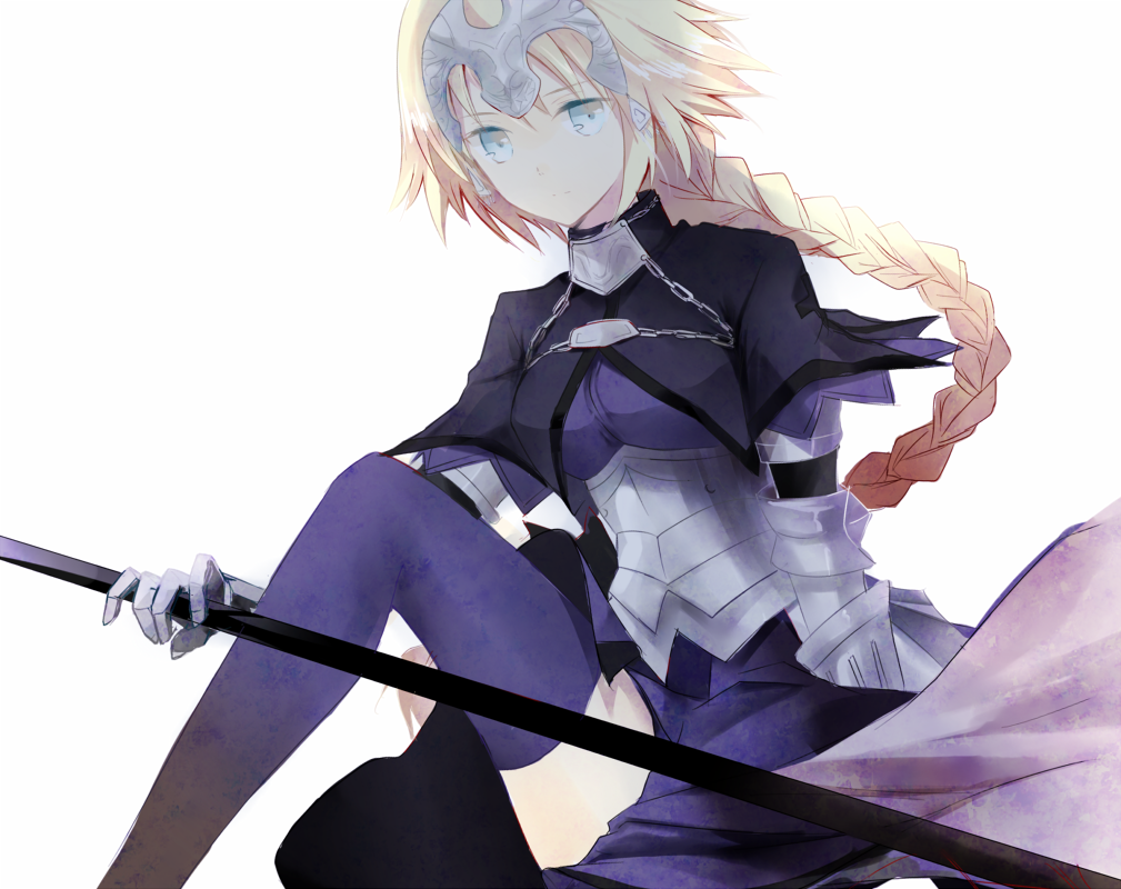 armor armored_dress bad_id bad_pixiv_id blonde_hair blue_eyes blue_legwear braid capelet dress fate/apocrypha fate_(series) fukuda935 gauntlets headpiece jeanne_d'arc_(fate) jeanne_d'arc_(fate)_(all) long_hair polearm single_braid solo spear thighhighs weapon