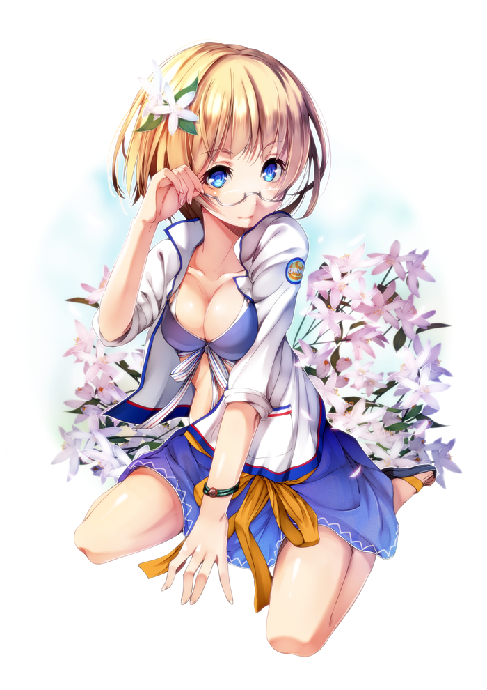 adjusting_eyewear amayofuu bespectacled blonde_hair blue_eyes bra breasts flower france glasses hair_flower hair_ornament looking_at_viewer medium_breasts open_clothes open_shirt orange_blossoms orangina personification shirt short_hair sitting skirt smile solo underwear wariza
