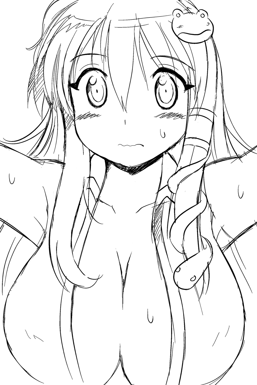 blush breasts cleavage frog_hair_ornament gomamiso_(gomamiso_sp) greyscale hair_ornament highres huge_breasts kochiya_sanae long_hair looking_at_viewer monochrome simple_background snake_hair_ornament solo sweat touhou upper_body wavy_mouth white_background
