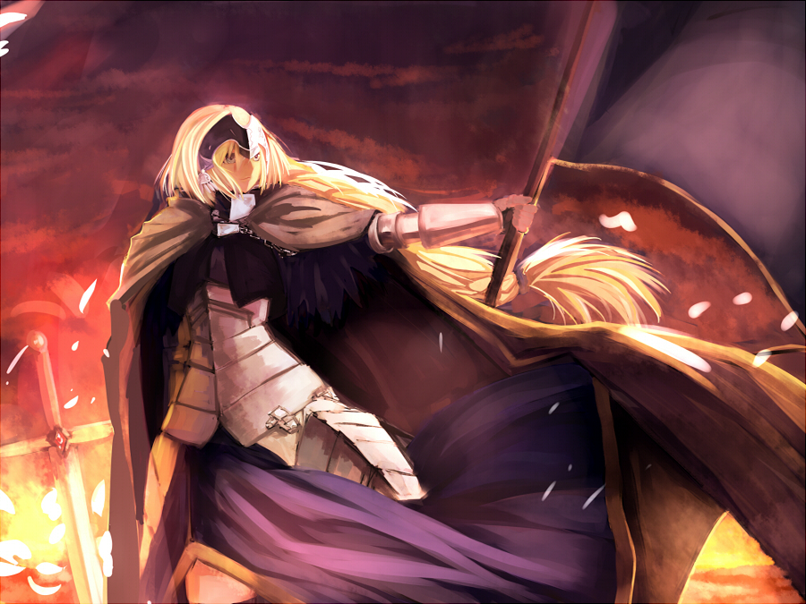 armor armored_dress bad_id bad_pixiv_id blonde_hair braid cape cross dress echj fate/apocrypha fate_(series) flag gauntlets headpiece jeanne_d'arc_(fate) jeanne_d'arc_(fate)_(all) long_hair single_braid solo standing