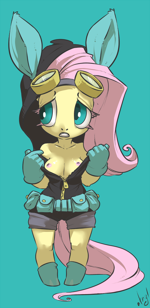anthro anthrofied atryl breasts clothing costume equine eyewear female fluttershy_(mlp) friendship_is_magic fur goggles green_background green_eyes hair horse mammal my_little_pony nipples pink_hair plain_background pony solo undressing yellow_fur