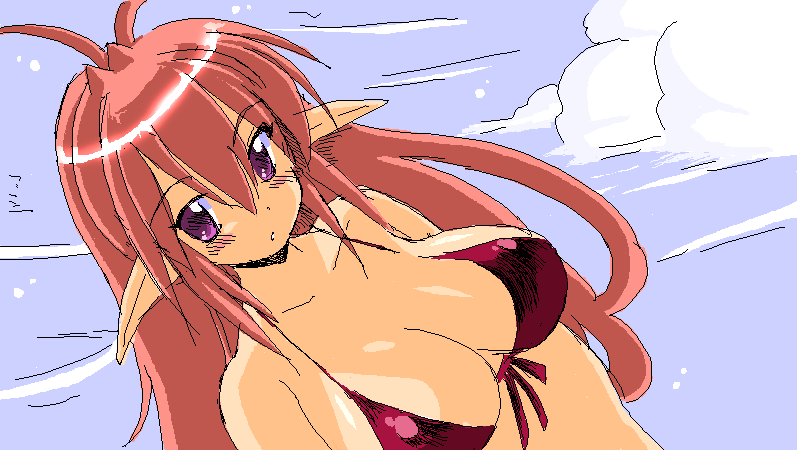 :o bikini blush breasts cleavage cloud elf front-tie_top gomamiso_(gomamiso_sp) large_breasts long_hair looking_at_viewer oekaki original pink_hair pointy_ears purple_eyes shiny shiny_hair sky solo swimsuit upper_body