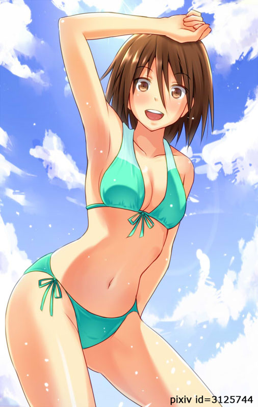 arm_up armpits bad_id bad_pixiv_id bikini breasts brown_eyes brown_hair cleavage cloud day fisheye front-tie_top happy kanden_suki looking_at_viewer medium_breasts navel open_mouth original shiny shiny_skin short_hair side-tie_bikini sky solo swimsuit