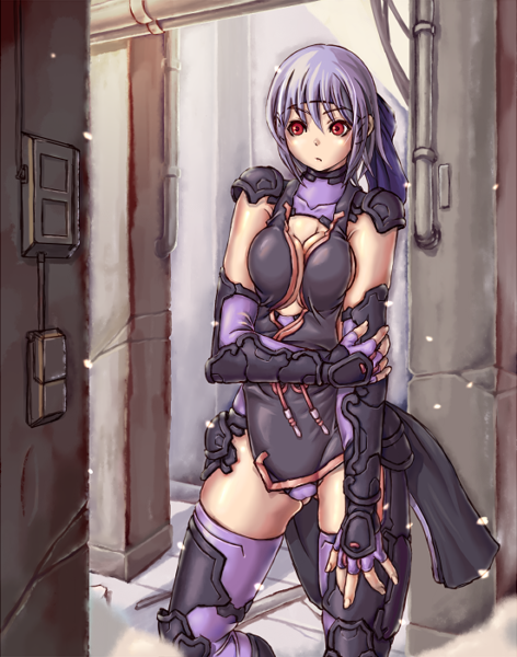 armor ayane_(doa) breasts cameltoe cleavage dead_or_alive fingerless_gloves gloves headband holding_arm medium_breasts ninja purple_hair red_eyes short_hair shoulder_pads solo thighhighs u-kichi vambraces