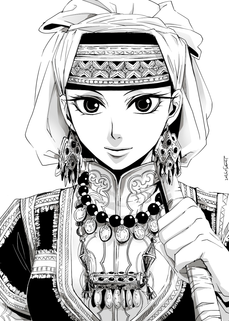 amira bow_(weapon) earrings head_scarf holding jewelry light_smile monochrome necklace otoyomegatari pearl pearl_necklace riotactxx solo upper_body weapon