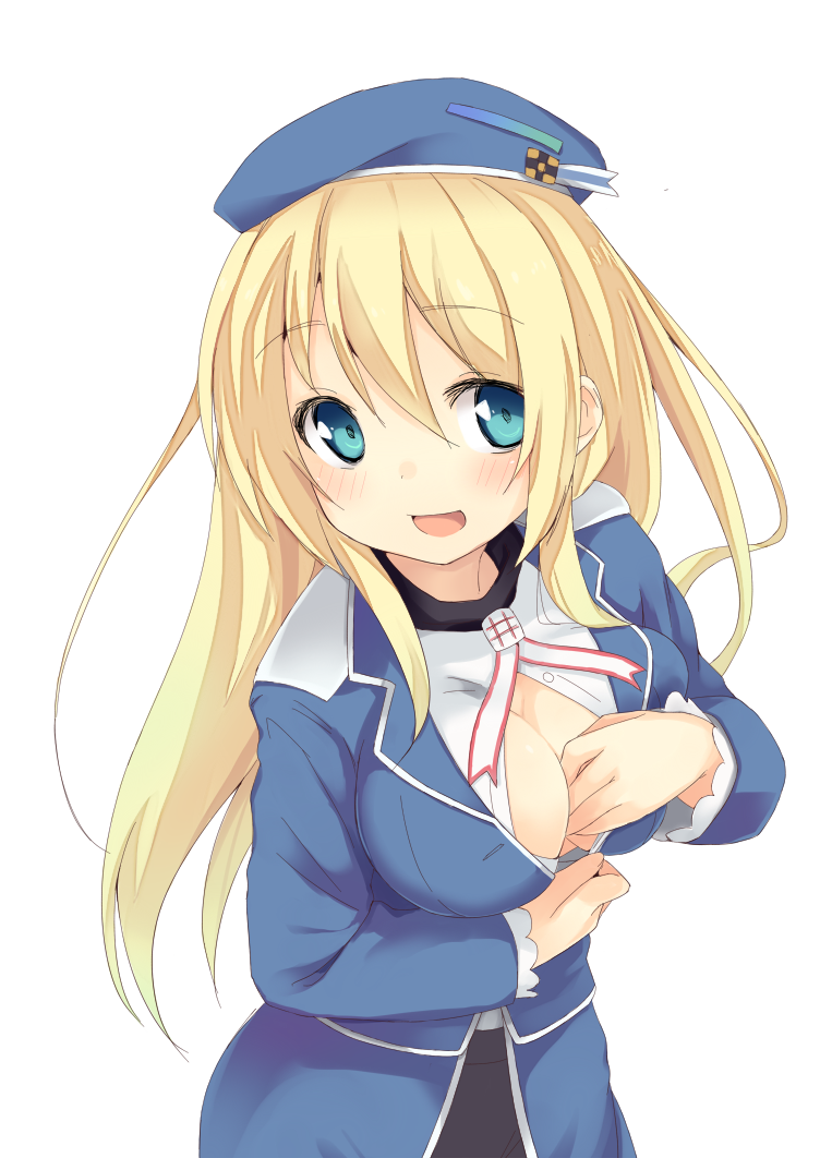 atago_(kantai_collection) blonde_hair blue_eyes blue_hat blush breasts gloves hat kantai_collection large_breasts long_hair looking_at_viewer military military_uniform mokoke open_mouth smile solo undressing uniform