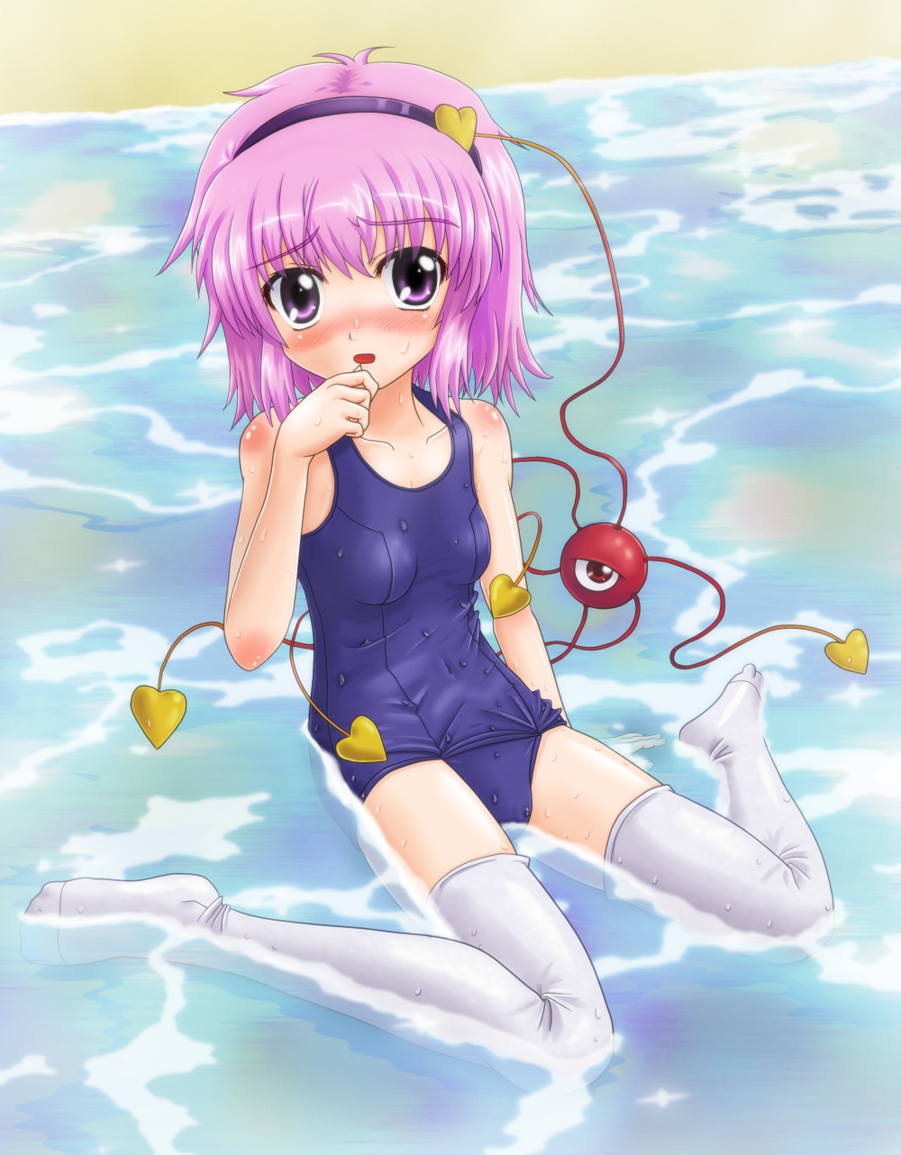 bad_id bad_pixiv_id beach breasts covered_navel eyeball hairband hamaken heart highres komeiji_satori one-piece_swimsuit open_mouth outdoors pink_eyes pink_hair sand school_swimsuit short_hair sitting skindentation small_breasts solo swimsuit thighhighs third_eye touhou water wet wet_clothes white_legwear