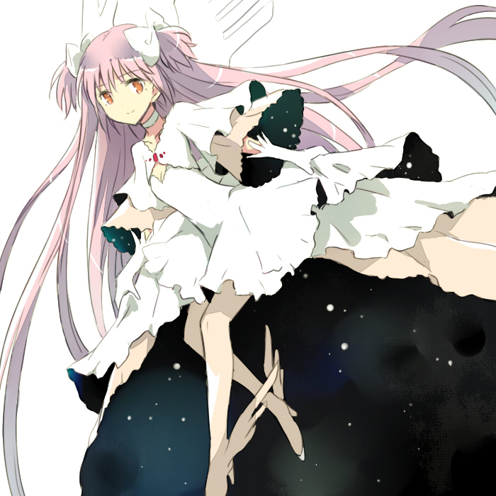 absurdly_long_hair ankle_wings bad_id bad_pixiv_id bow brown_eyes capelet dress gloves hair_bow high_heels kaname_madoka long_hair mahou_shoujo_madoka_magica maromi_(am97) pink_hair shoes solo space two_side_up ultimate_madoka very_long_hair white_dress white_gloves white_wings wide_sleeves wings