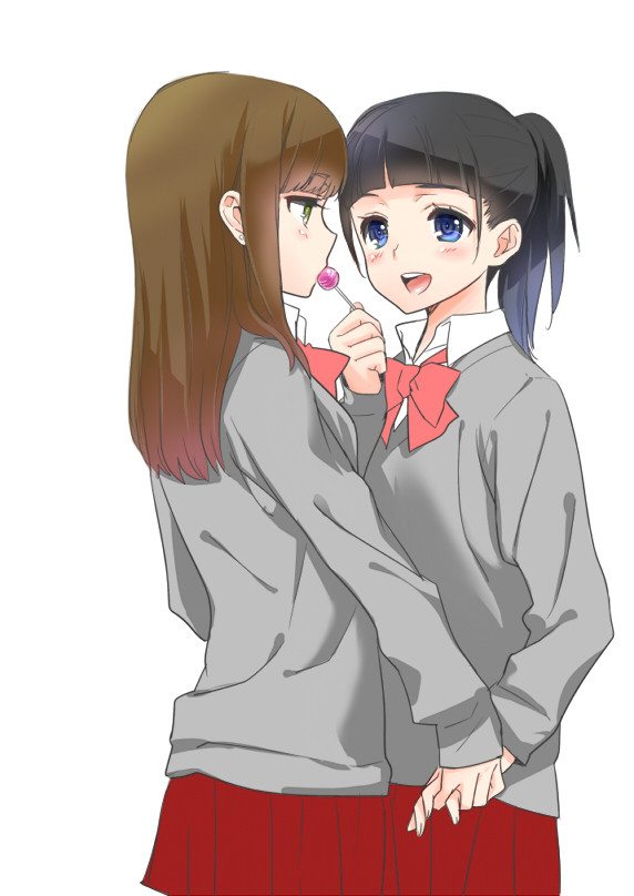 black_hair blue_eyes bow brown_hair candy cardigan couple eye_contact food green_eyes holding holding_hands interlocked_fingers lollipop long_hair looking_at_another multiple_girls ooshima_tomo open_mouth original ponytail school_uniform simple_background skirt smile white_background yuri