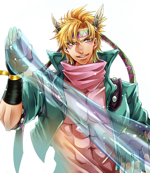 blonde_hair blue_jacket bubble caesar_anthonio_zeppeli facial_mark feathers fingerless_gloves gloves green_eyes hair_feathers headband jacket jojo_no_kimyou_na_bouken kamuinii male_focus scarf solo