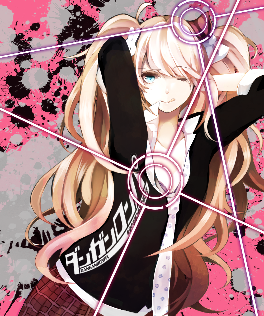 arms_behind_head blonde_hair blue_eyes bow bunny_hair_ornament copyright_name danganronpa danganronpa_1 enoshima_junko hair_bow hair_ornament haru_(haru2079) highres licking_lips long_hair necktie one_eye_closed sleeves_rolled_up smile solo tongue tongue_out twintails
