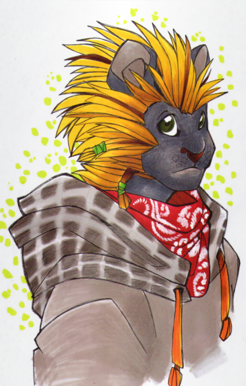 2013 abstract_background ambiguous_gender anthro biped blonde_hair brown_nose bust_portrait clothed clothing common_porcupine erethizontid frown green_eyes grey_body hair hoodie krazehness looking_aside looking_away mammal muzzle_scabs neckerchief porcupine portrait rodent simple_background solo spines traditional_media_(artwork) white_background