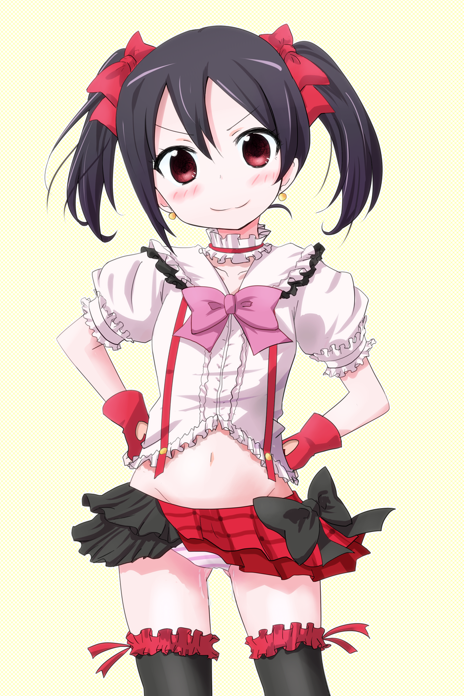 :3 black_hair blush bokura_wa_ima_no_naka_de bow hair_bow highres hottan! looking_at_viewer love_live! love_live!_school_idol_project navel panties red_eyes short_hair simple_background skirt smile solo striped striped_panties thighhighs twintails underwear v-shaped_eyebrows yazawa_nico