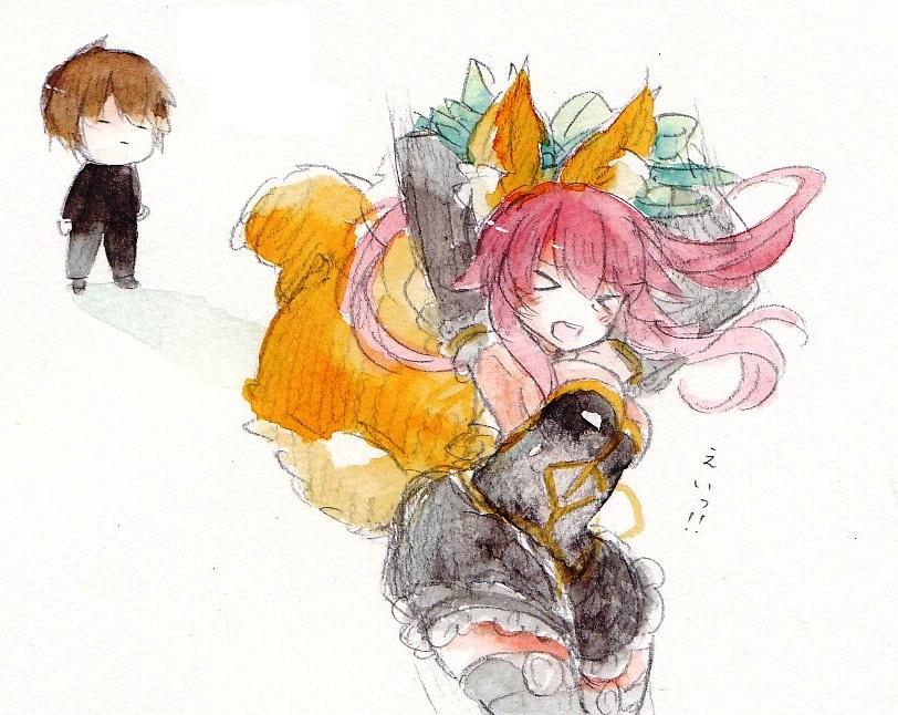 1girl animal_ears bad_id bad_pixiv_id bow breasts detached_sleeves dress fate/extra fate/extra_ccc fate_(series) fina_(sa47rin5) fox_ears fox_tail hair_bow hair_ribbon medium_breasts pink_hair ribbon tail tamamo_(fate)_(all) tamamo_no_mae_(fate) thighhighs traditional_media white_background yellow_eyes