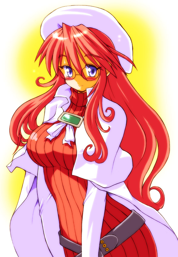 aty_(summon_night) belt beret blue_eyes blush breasts glasses gomamiso_(gomamiso_sp) hat large_breasts long_hair looking_at_viewer loose_belt red_hair ribbed_sweater smile solo summon_night sweater turtleneck