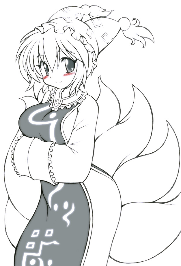 blush breast_hold breasts fox_tail gomamiso_(gomamiso_sp) hands_in_opposite_sleeves hat looking_at_viewer medium_breasts monochrome multiple_tails short_hair simple_background smile solo spot_color tail touhou white_background yakumo_ran