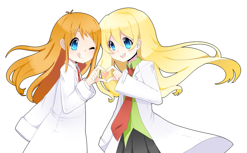 ;q blonde_hair blue_eyes crossover green_shirt heart heart_hands heart_hands_duo labcoat long_hair multiple_girls nashi_(4chan) necktie nichijou one_eye_closed orange_hair oversized_clothes pani_poni_dash! professor_shinonome rebecca_miyamoto red_neckwear shirt simple_background skirt smile tongue tongue_out trait_connection very_long_hair white_background