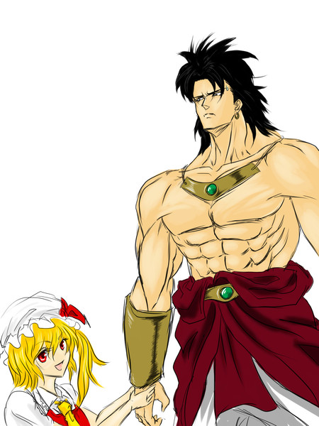 1girl blonde_hair bracelet broly crossover dragon_ball dragon_ball_z earrings flandre_scarlet hair_ribbon happy hat hikichi_sakuya image_sample jewelry muscle necklace open_mouth ribbon shirtless short_hair side_ponytail simple_background smile spiked_hair thumbnail touhou white_background