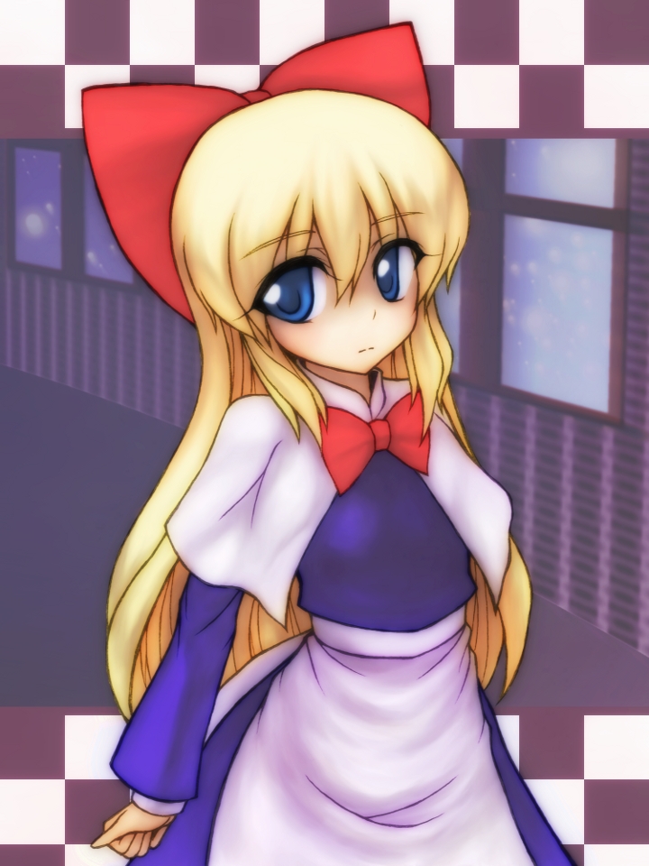 apron blonde_hair blue_eyes border bow capelet checkered checkered_background dress hair_bow light_frown long_hair long_sleeves looking_at_viewer shanghai_doll solo touhou u-cha-py waist_apron window