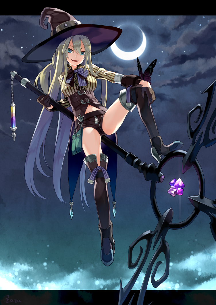 bike_shorts blue_eyes boots bug butterfly cloud crescent_moon gloves hat insect long_hair moon navel night original silver_hair sky smile solo staff thigh_boots thighhighs witch_hat zaza_(x-can01)