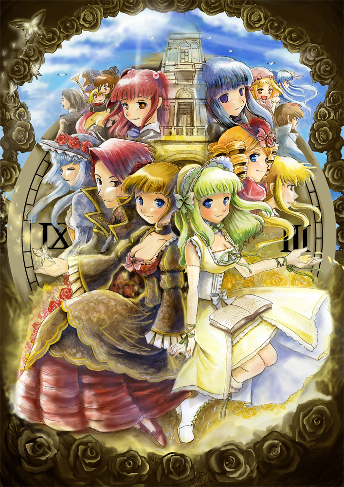 6+girls beatrice black_hair blonde_hair blue_hair bonnet breasts brown_hair cape choker clair_vaux_bernardus cleavage clock clock_tower dress drill_hair eva_beatrice flower frederica_bernkastel furudo_erika gaap green_hair hair_bobbles hair_flower hair_ornament hat lambdadelta maria_(umineko) medium_breasts multiple_boys multiple_girls orange_hair red_hair ronove rose sakutarou sitting smile tower umineko_no_naku_koro_ni urara_(himitsu_kamitu) ushiromiya_ange ushiromiya_battler ushiromiya_lion virgilia willard_h_wright