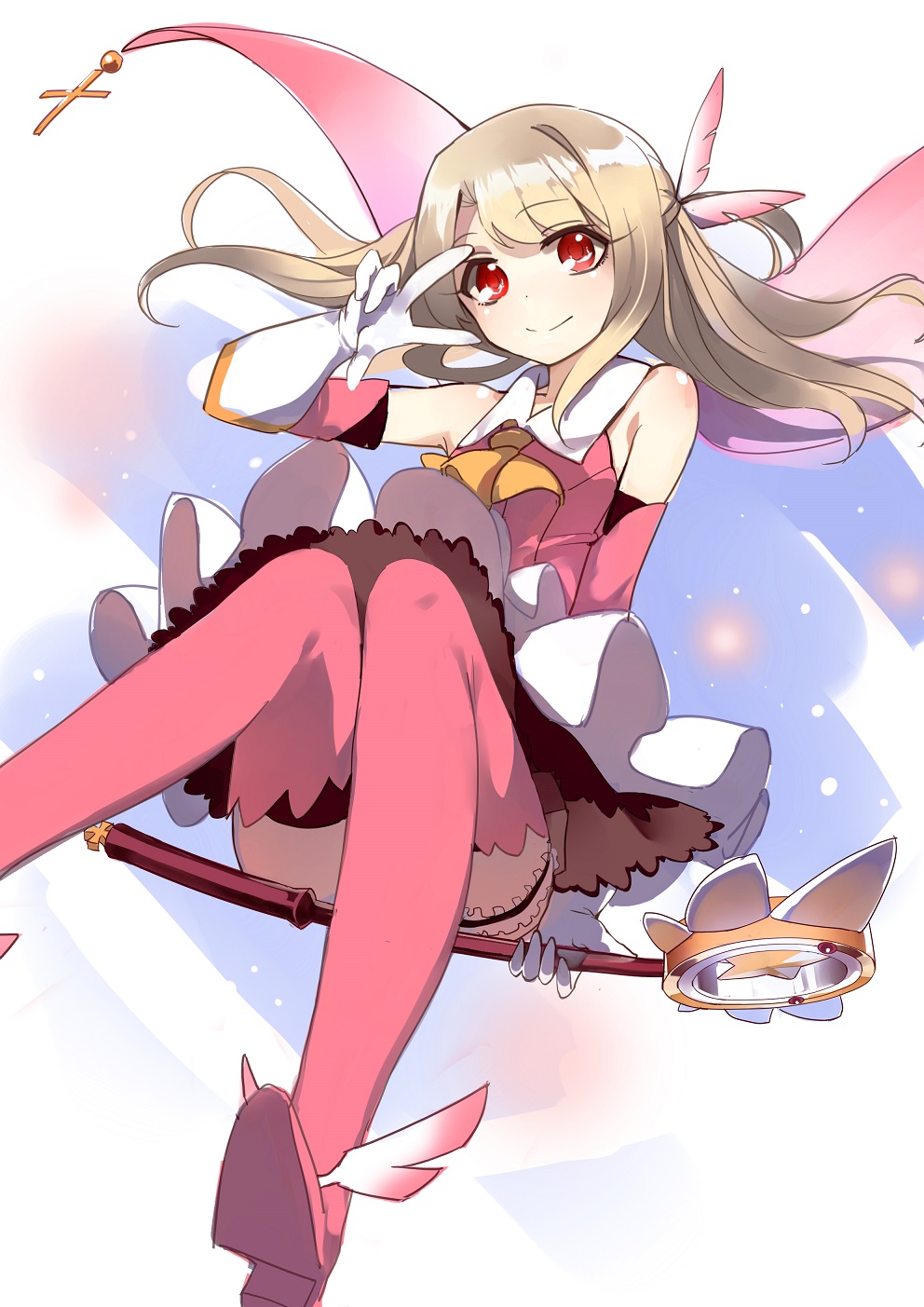 ankle_wings boots cape dress elbow_gloves fate/kaleid_liner_prisma_illya fate_(series) feathers flying gloves hair_feathers highres holding holding_wand illyasviel_von_einzbern kaleidostick long_hair magical_girl pink_footwear pink_legwear prisma_illya red_eyes samail silver_hair skirt solo thigh_boots thigh_strap thighhighs v v_over_eye wand