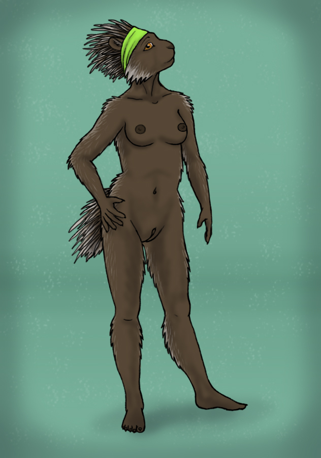 2015 5_fingers 5_toes anthro appalachianghost areola biped black_fur black_tail breasts brown_areola brown_fur brown_nipples brown_pussy cheek_tuft collarbone common_porcupine digital_drawing_(artwork) digital_media_(artwork) erethizontid feet female full-length_portrait fur fur_tuft green_background hand_on_hip headband humanoid_feet humanoid_hands inner_ear_fluff lighting looking_at_viewer mammal medium_breasts multicolored_fur navel nipples nude orange_eyes plantigrade porcupine portrait pussy rodent shadow simple_background smile snout solo spines standing toes tuft two_tone_tail white_fur white_tail