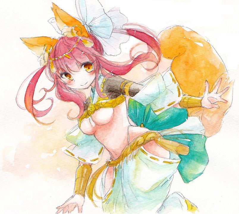 amaterasu_(fate) animal_ears bad_id bad_pixiv_id breasts dancer fate/extra fate/extra_ccc fate_(series) fina_(sa47rin5) fox_ears fox_tail hair_ribbon medium_breasts pink_hair ribbon solo tail tamamo_(fate)_(all) tamamo_no_mae_(fate) traditional_media twintails underboob watercolor_(medium) yellow_eyes