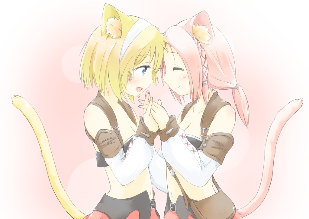 :d ^_^ animal_ears bad_id bad_pixiv_id belt blonde_hair blue_eyes blush braid breasts cat_ears cat_tail cleavage closed_eyes detached_sleeves face-to-face final_fantasy final_fantasy_xiv hands_clasped looking_at_another midriff miqo'te mode_(mode-n) multiple_girls navel open_mouth own_hands_together pink_background pink_hair polka_dot polka_dot_background ponytail short_hair small_breasts smile strapless tail tubetop whisker_markings white_headband yuri