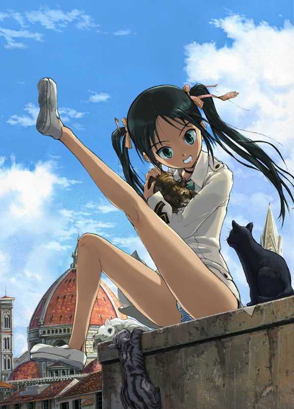 animal aqua_eyes bangs basilica_di_santa_maria_del_fiore black_cat black_hair blue_panties blue_sky brown_cat building cat checkered choker church climbing cloud day eye_contact francesca_lucchini grin hair_ribbon high_collar holding holding_animal italy kneepits landmark leg_up legs loafers long_hair looking_at_another looking_down lying military military_uniform outdoors panties pantyshot pantyshot_(sitting) parted_bangs ribbon rooftop ryuuko_rin shoes sitting sky sleeping smile strike_witches striped striped_panties teeth twintails underwear uniform white_cat white_panties world_witches_series