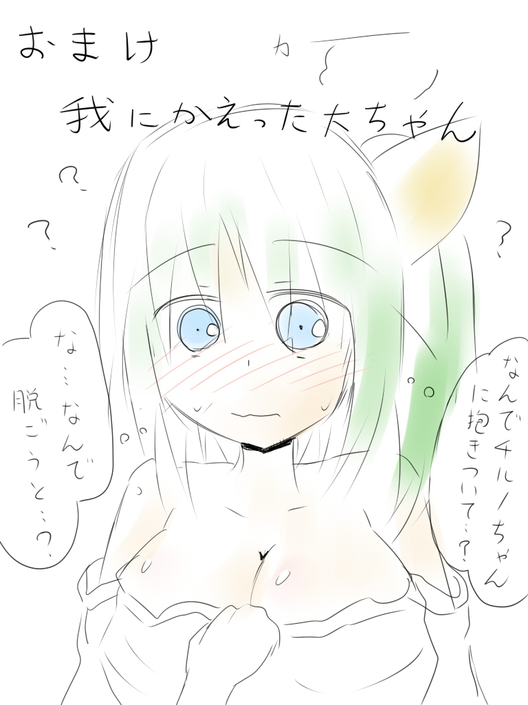 blue_eyes blush breasts cleavage daiyousei green_hair large_breasts solo teera_(tera_zilla) touhou translated