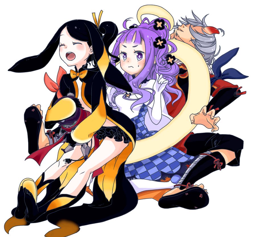2girls 8041mm black_hair closed_eyes dress gloves grey_hair hair_ornament hairband kagerou_(summon_night) long_hair multiple_girls open_mouth pariet ponytail purple_eyes purple_hair shoes side_ponytail simple_background skirt spinel_(summon_night) summon_night summon_night_5 white_background
