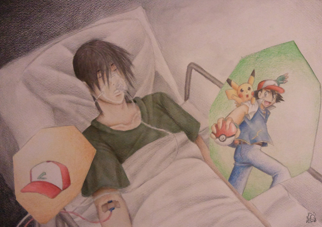 bed black_hair clothed clothing coma creepypasta dream eyes_closed fingerless_gloves gloves hair hat human male mammal mouse nintendo open_mouth pikachu pok&#233;ball pok&#233;mon pok&eacute;ball pok&eacute;mon rodent unconscious video_games
