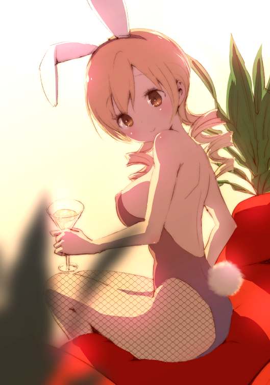 animal_ears back backless_outfit backlighting blonde_hair breasts bunny_ears bunny_girl bunny_tail bunnysuit cocktail_glass couch cup drill_hair drinking_glass fake_animal_ears fishnet_pantyhose fishnets large_breasts looking_at_viewer looking_back mahou_shoujo_madoka_magica pantyhose sideboob sitting smile solo tail tomoe_mami twin_drills twintails yellow_eyes yoshinogai