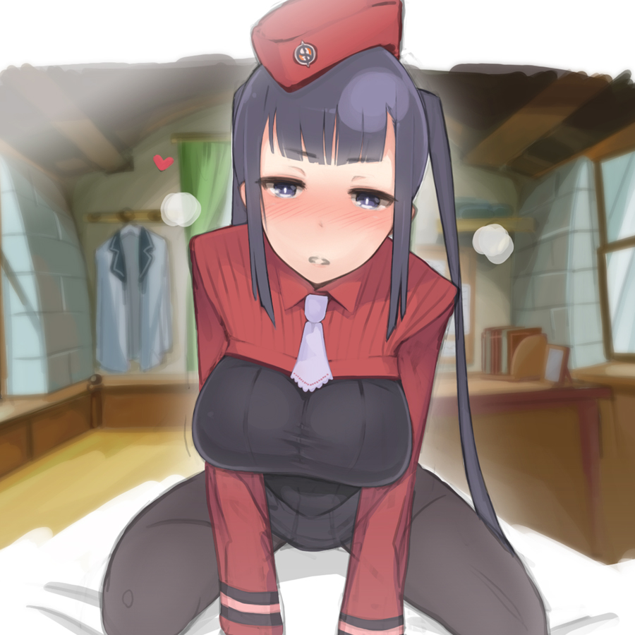 black_eyes black_hair blush breasts garrison_cap hat large_breasts long_hair megane_chuu pantyhose pov sidelocks sitting solo straddling summon_night summon_night_5 twintails v_arms yeng-hua