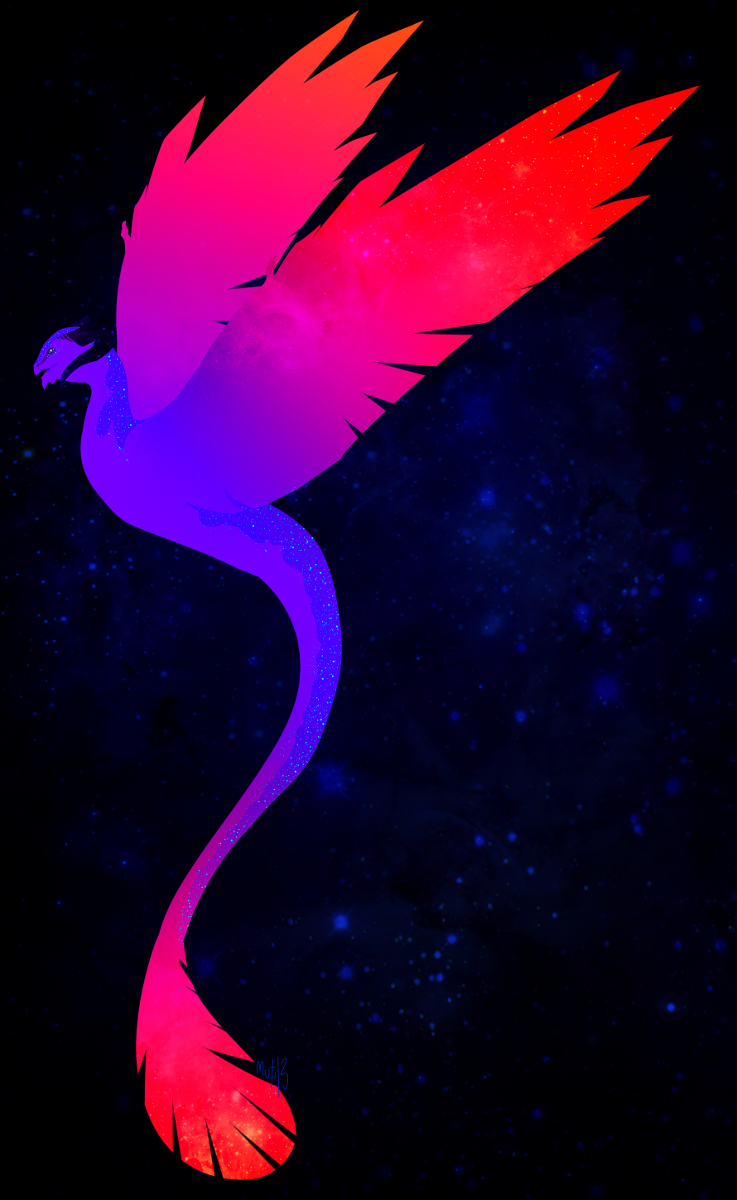dragon feathers horn mutisija nebula open_mouth solo space star wings wyvern