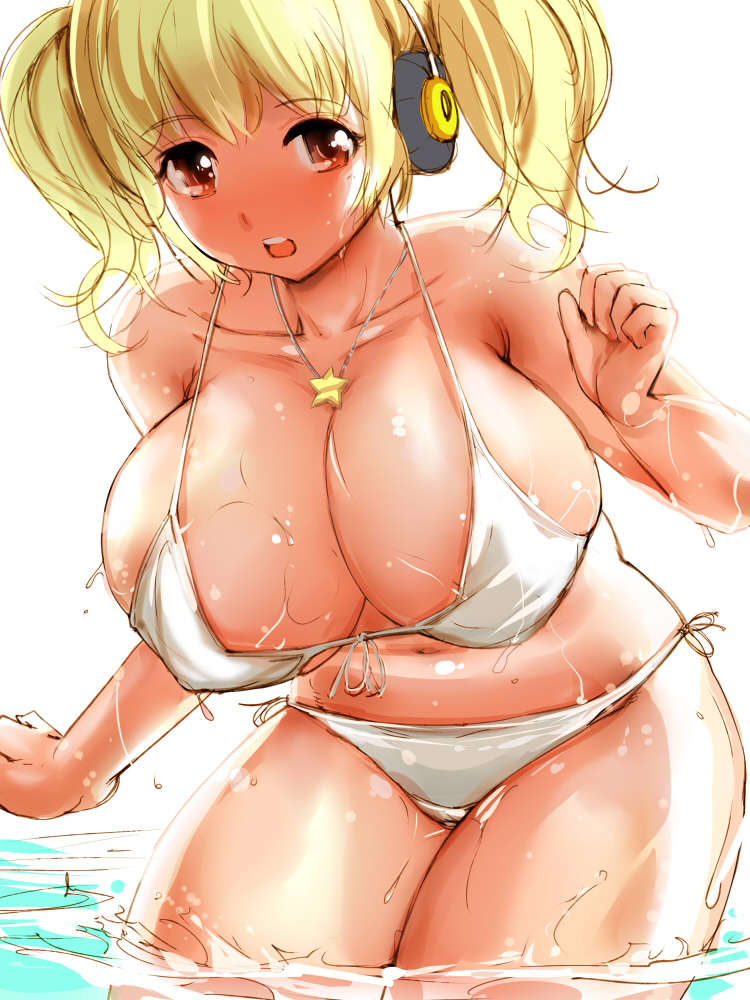 bikini blonde_hair breasts cleavage headphones huge_breasts igarasy jewelry navel necklace nitroplus open_mouth orange_eyes plump short_twintails solo star super_pochaco swimsuit twintails wading wet