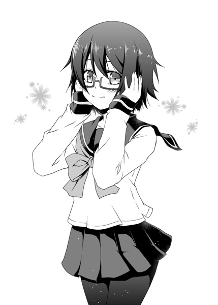 ben-tou glasses greyscale kouji_(campus_life) misohagi_makino monochrome pantyhose school_uniform short_hair solo