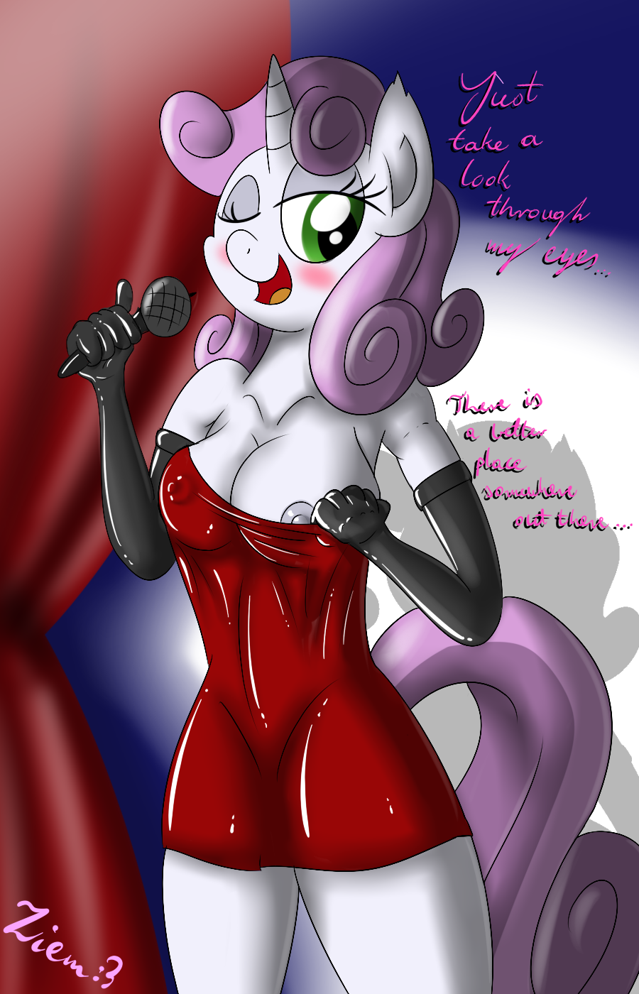 anthro anthrofied blush breasts cleavage clothed clothing dress elbow_gloves english_text equine female friendship_is_magic fur gloves green_eyes hair horn horse mammal my_little_pony nipples one_eye_closed open_mouth pony purple_hair sweetie_belle_(mlp) text two_tone_hair unicorn white_fur wink ziemniax