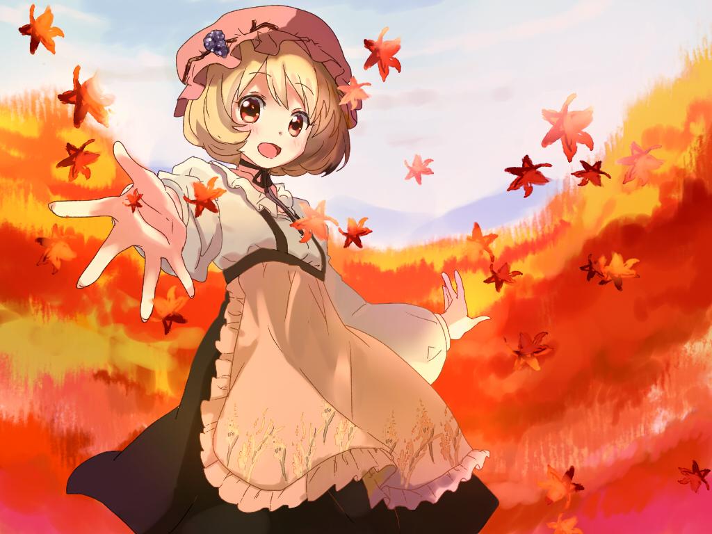 aki_minoriko apron autumn autumn_leaves bad_id bad_pixiv_id blonde_hair blue_hair choker cloud day food fruit grapes hat long_sleeves looking_at_viewer open_mouth outstretched_arms red_eyes ribbon_choker shirt skirt smile solo touhou ume_(plumblossom)