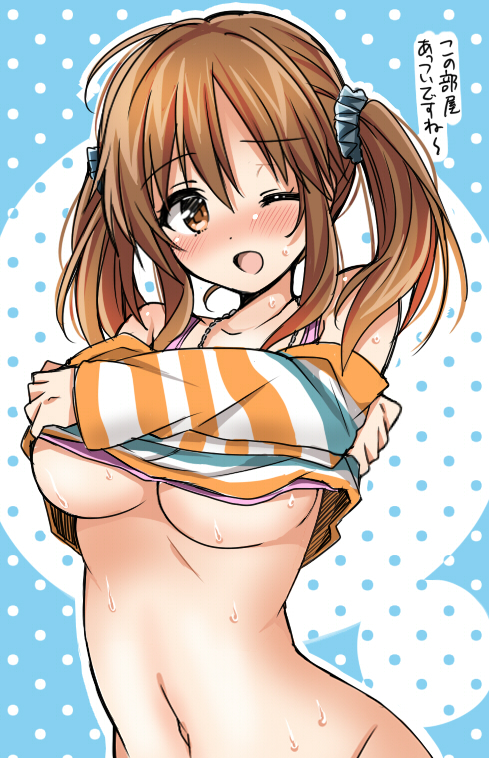 bottomless breasts brown_eyes brown_hair hot idolmaster idolmaster_cinderella_girls jewelry large_breasts long_hair looking_at_viewer navel necklace one_eye_closed open_mouth out-of-frame_censoring scrunchie shirt_lift smile solo sweat totoki_airi translated tsukudani_norio twintails undressing